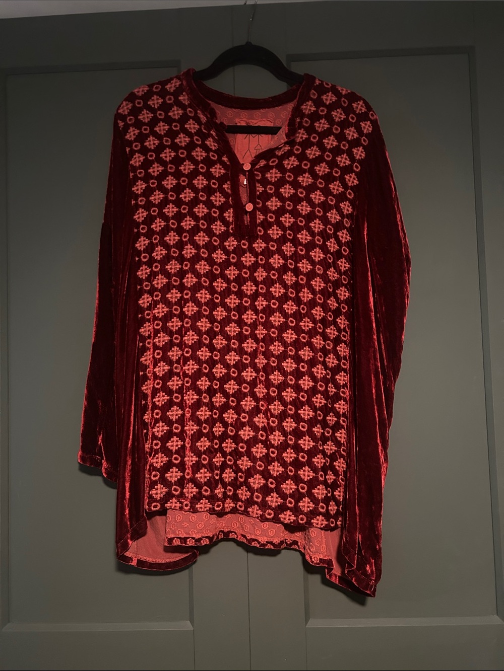 Johnny Was Red Velvet Printed Long-Sleeve Tunic
